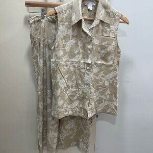 Vintage tan and cream floral print blouse and skirt set